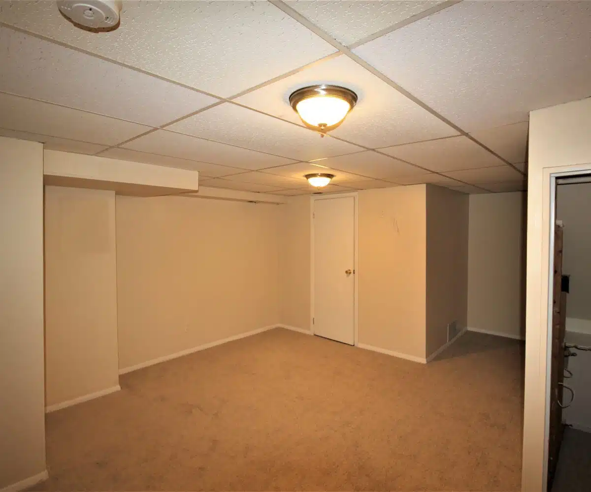Carpeted basement with two round ceiling lights.