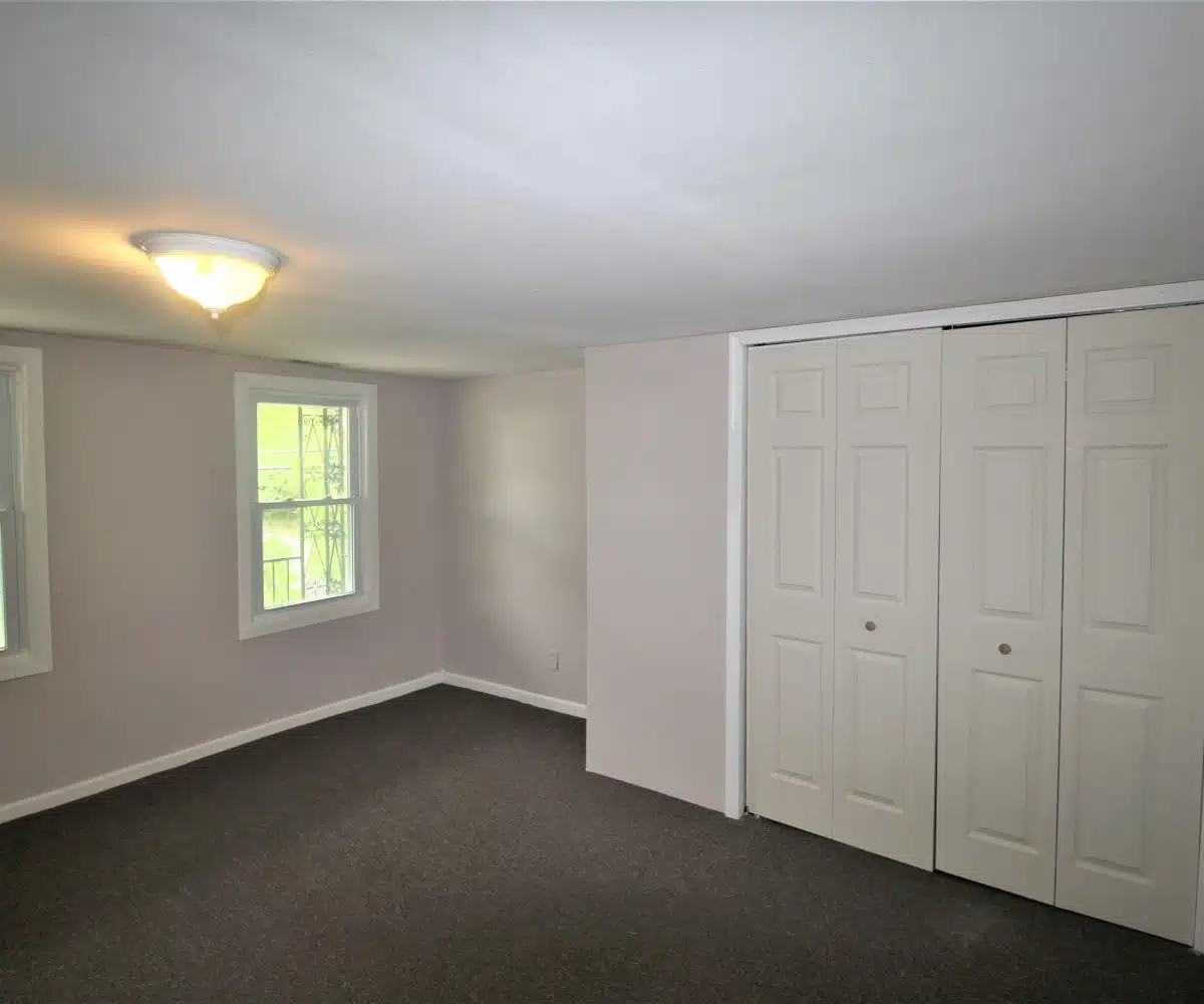 Brown carpeted bedroom with two windows, a closet with folding doors and a ceiling light.