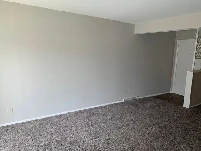 Carpeted living room with white walls and front door.