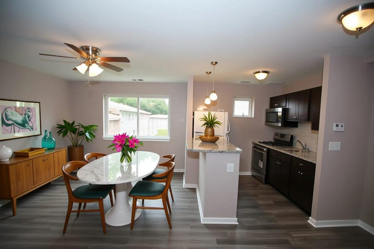 Northwood Estates living room with window and dining room table.