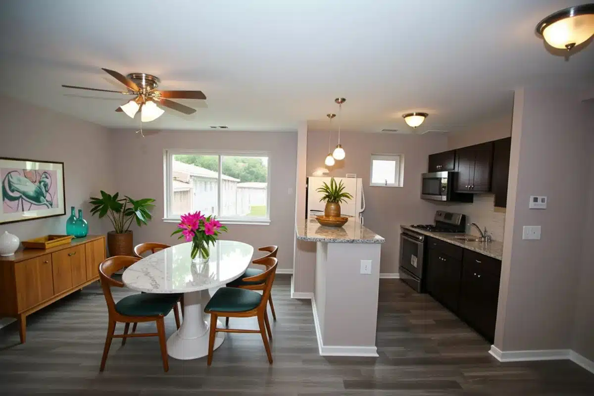 Northwood Estates living room with window and dining room table.