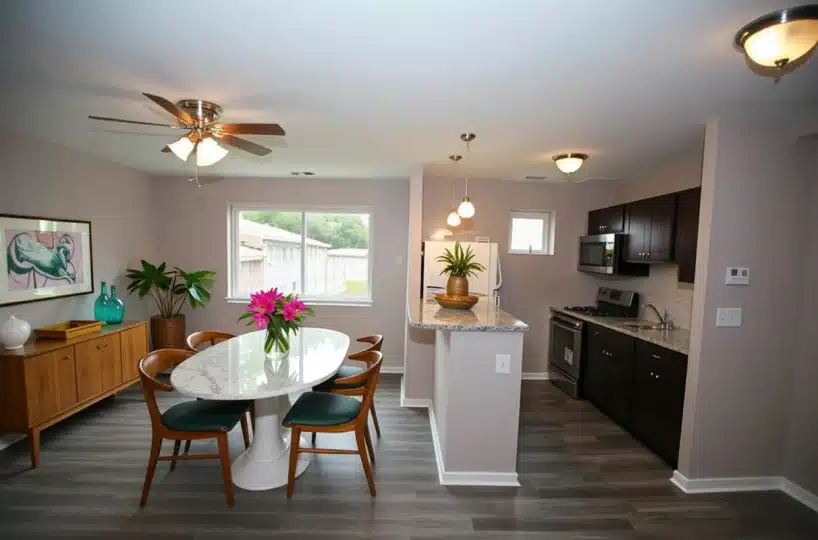 Northwood Estates living room with window and dining room table.