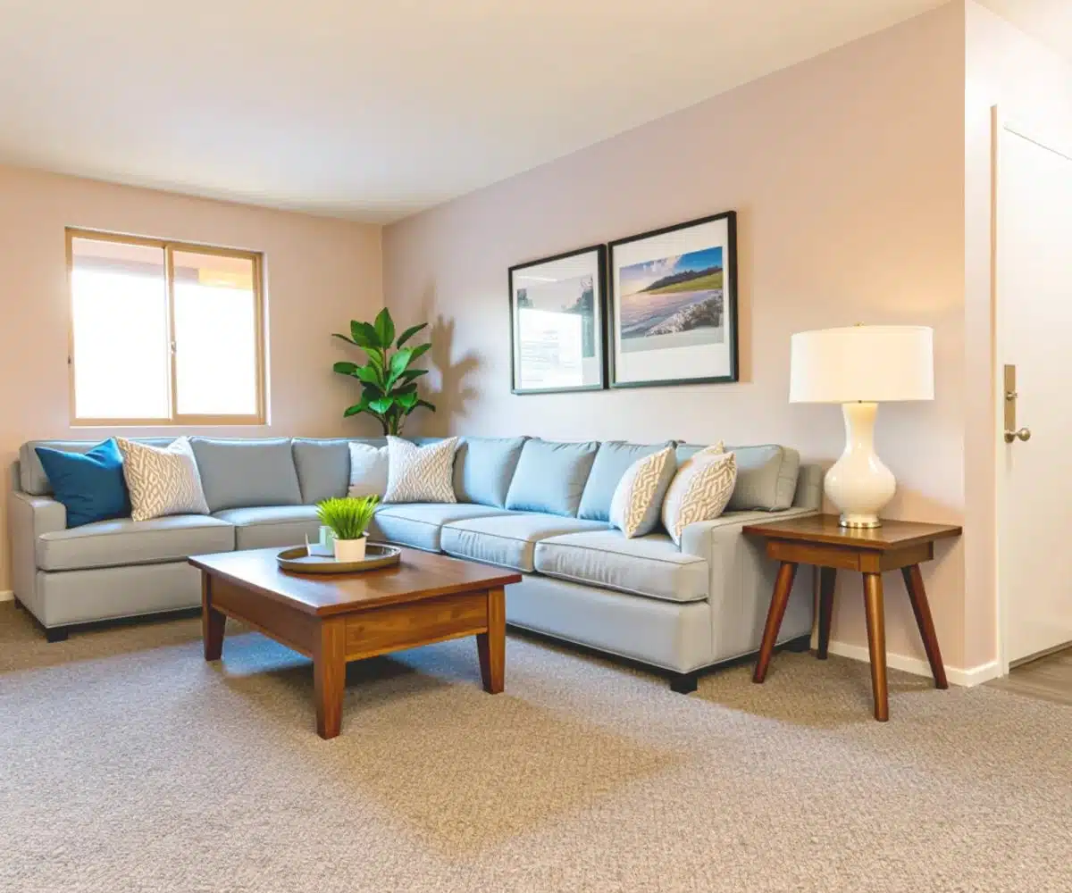 Living room with blue sofa, coffee table, white lamp, and grey carpeting.
