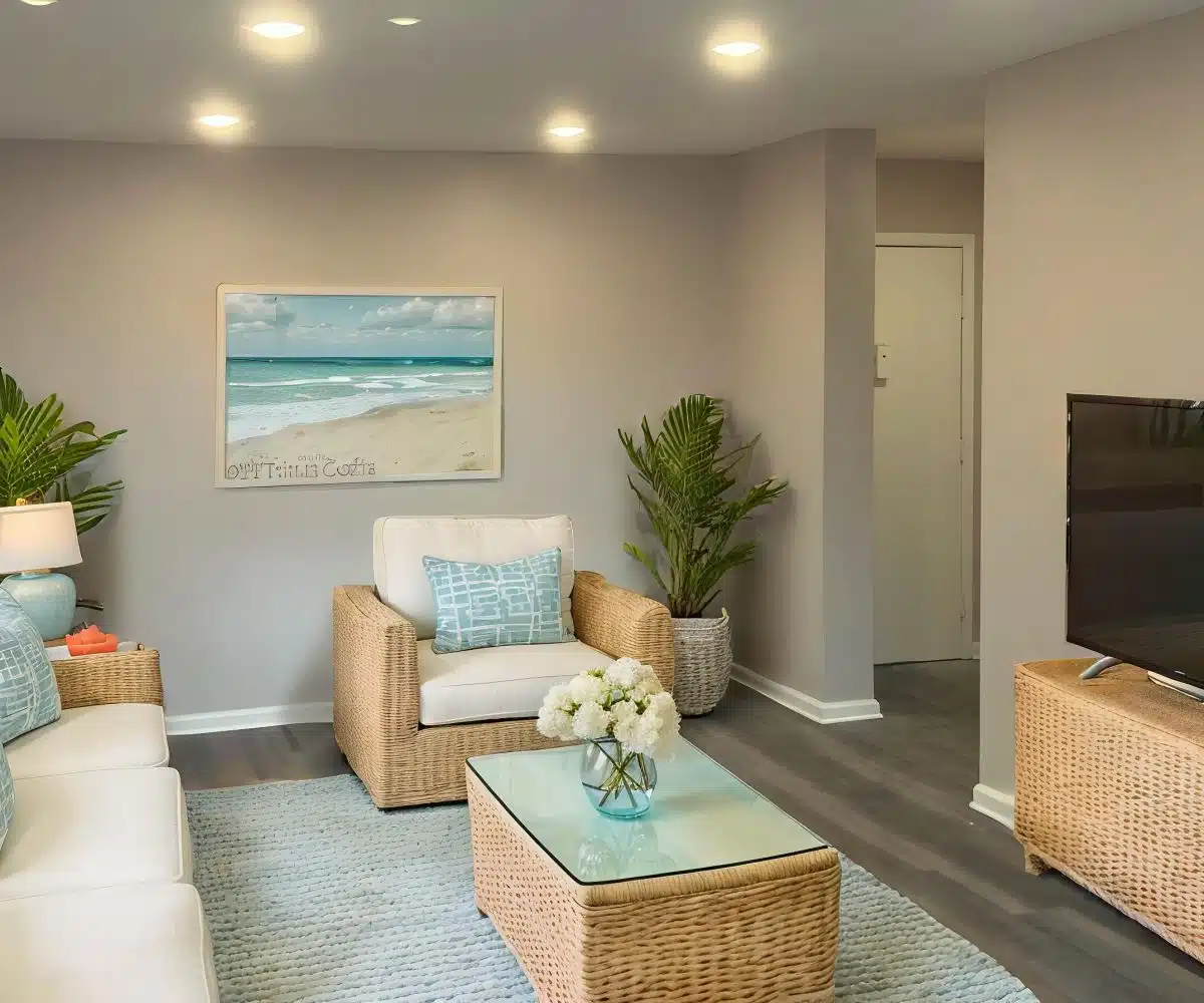 Living room with ceiling lights, white sofa and chair, flatscreen TV and wicker coffee table.