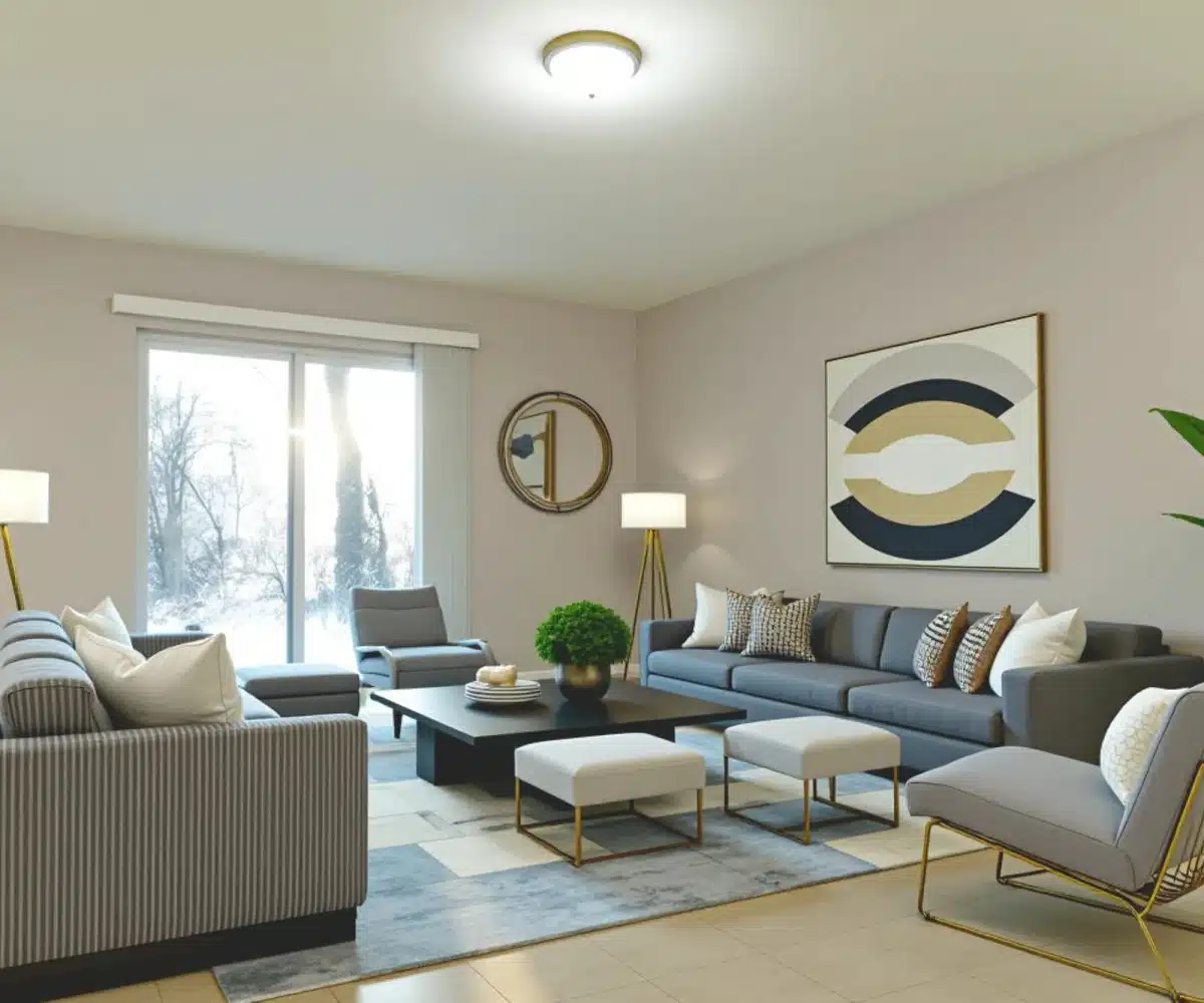 Living room with picture window, blue sofa, floor lamp and rug.