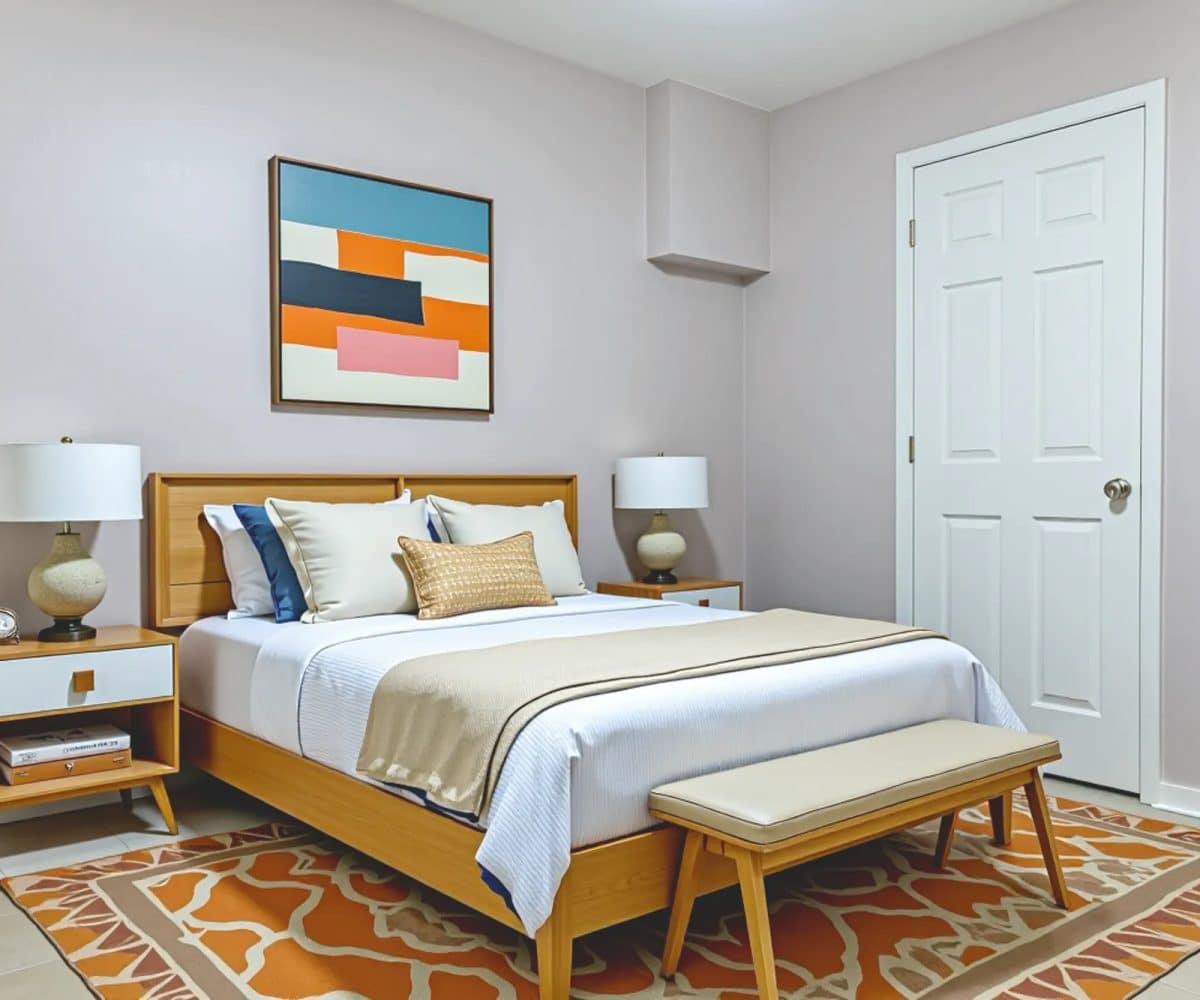 Bedroom with colorful rug, lamps, double bed with wood frame and colorful picture over the bed.
