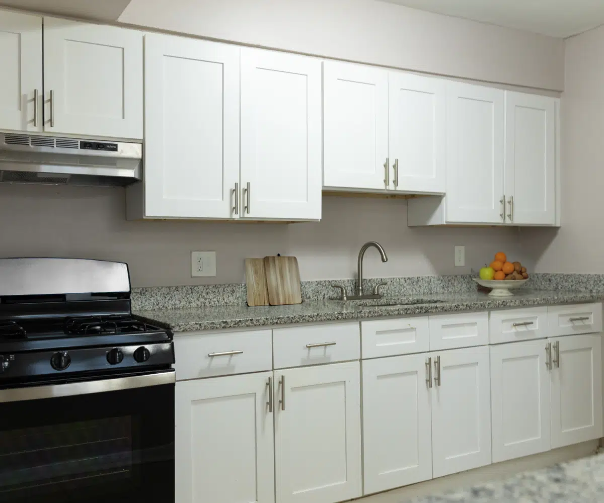 Kitchen with white cabinet doors and silver handles, a stainless steel oven and granite countertops.