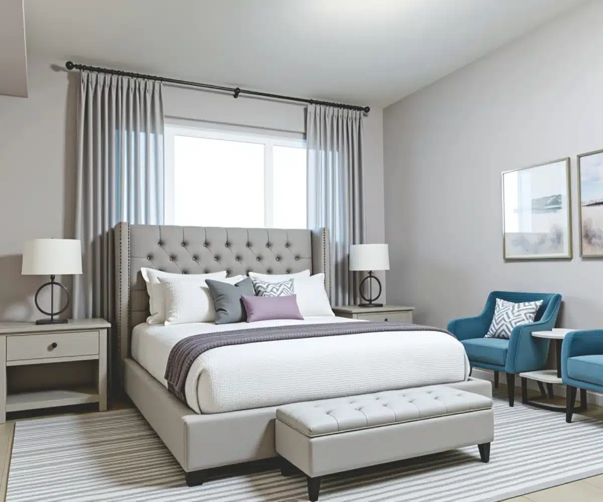 Bedroom with grey curtains, grey and white rug, two table lamps, two blue chairs and a double bed with a grey fabric frame.