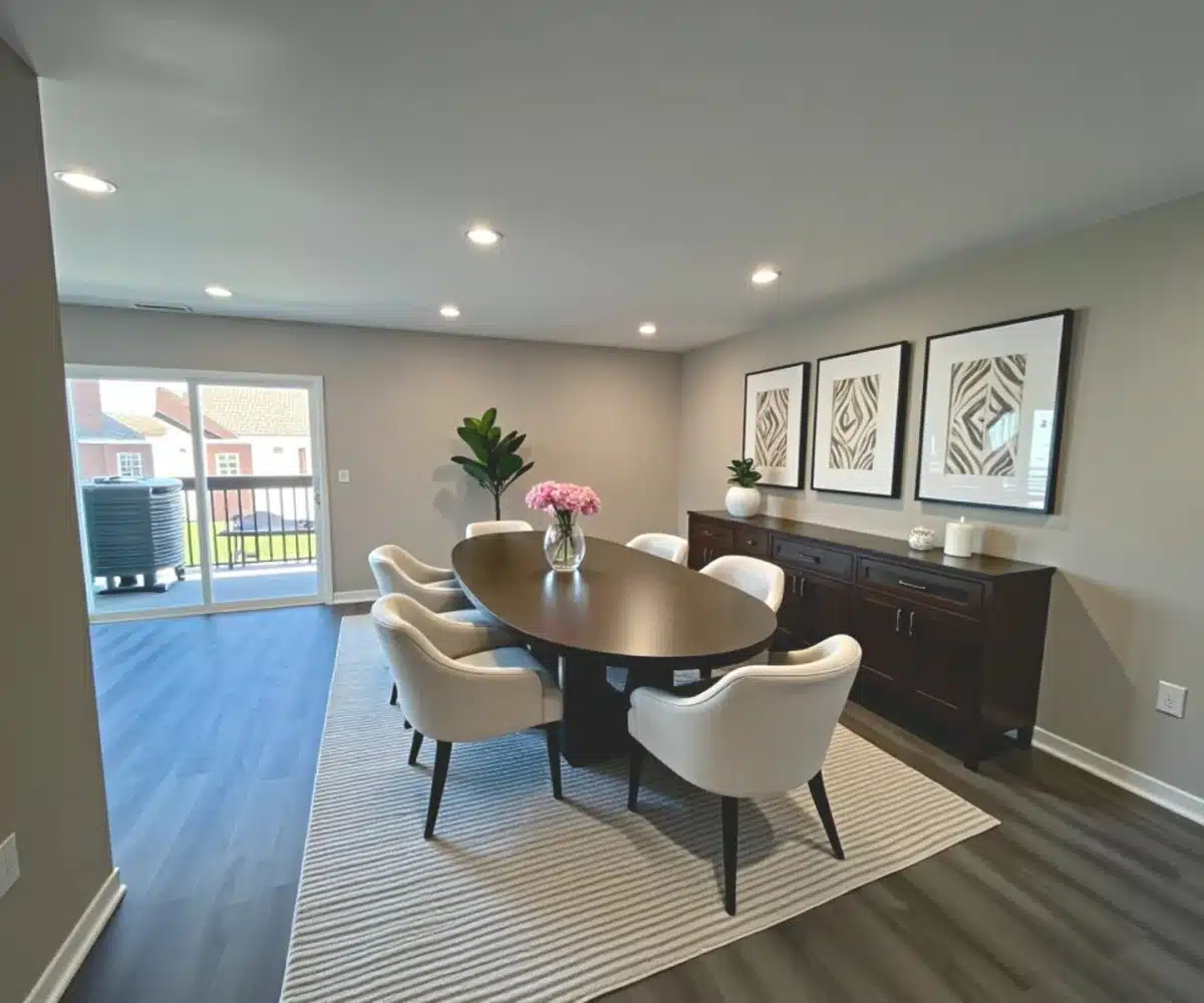 Spacious living room with brown oval table and six chairs.