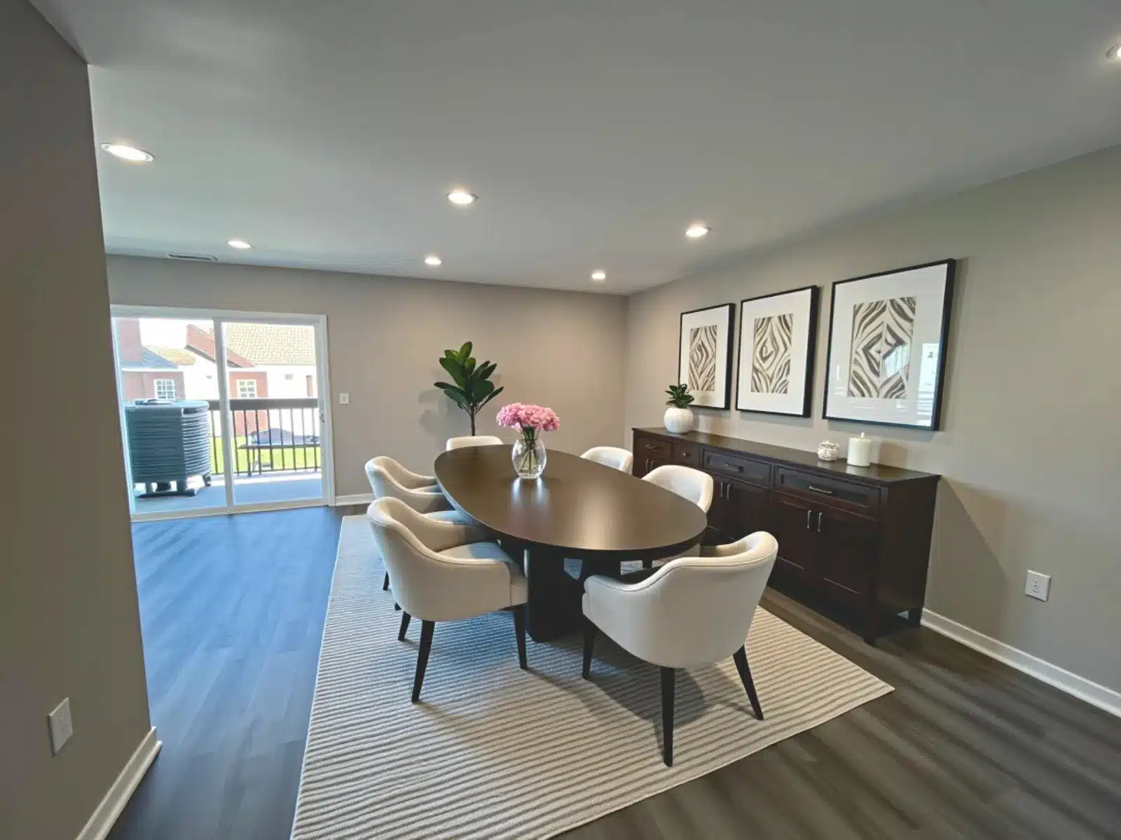 Spacious living room with brown oval table and six chairs.
