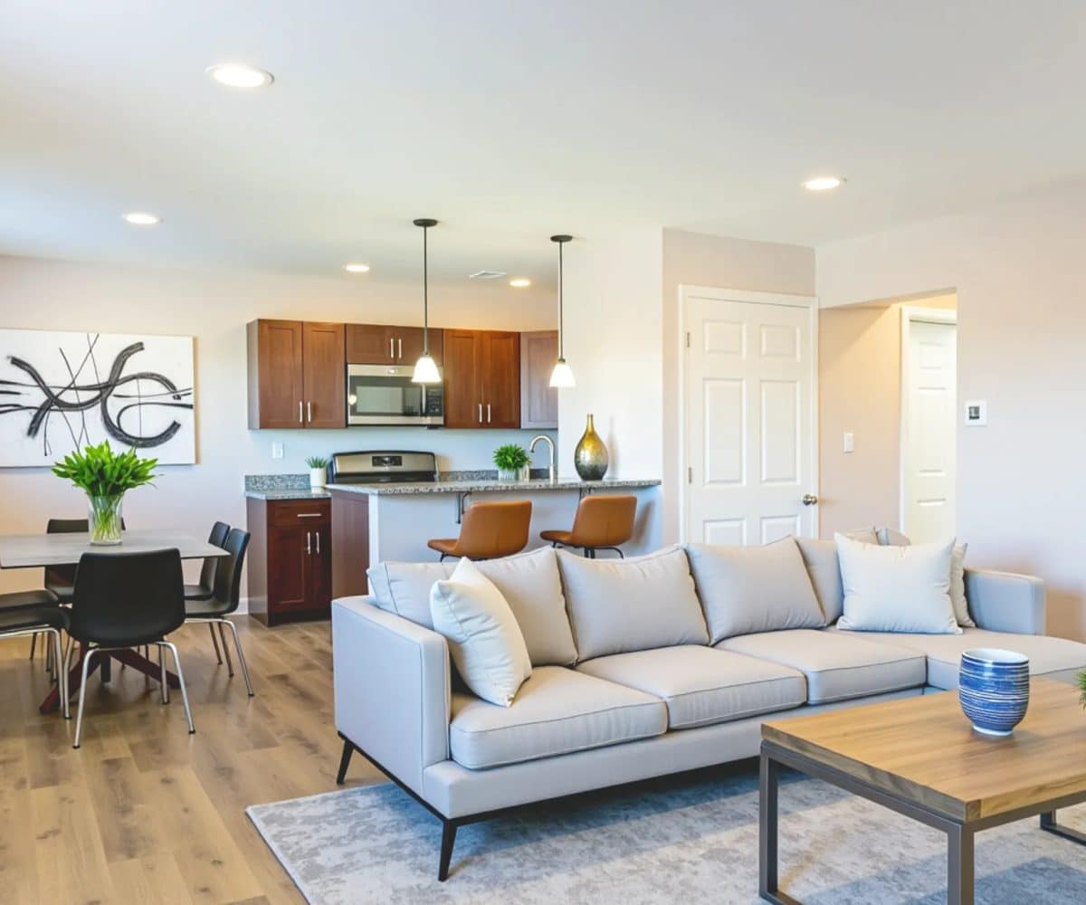 Open plan living room kitchen with kitchen cabinets, counter and grey sofa.