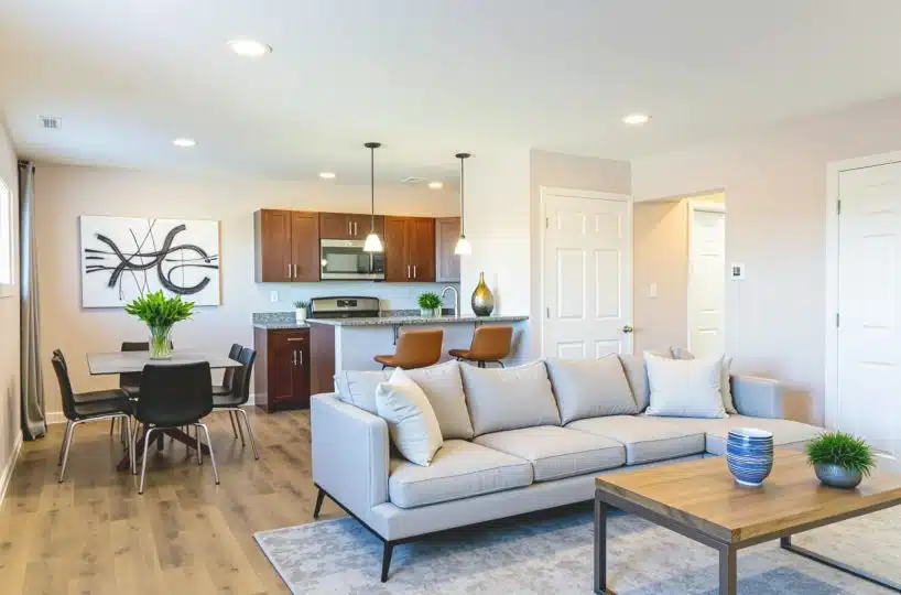 Open plan living room kitchen with kitchen cabinets, counter and grey sofa.