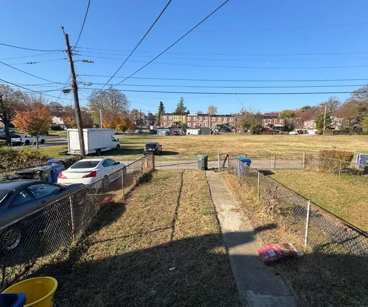 Backyard with grass and path.