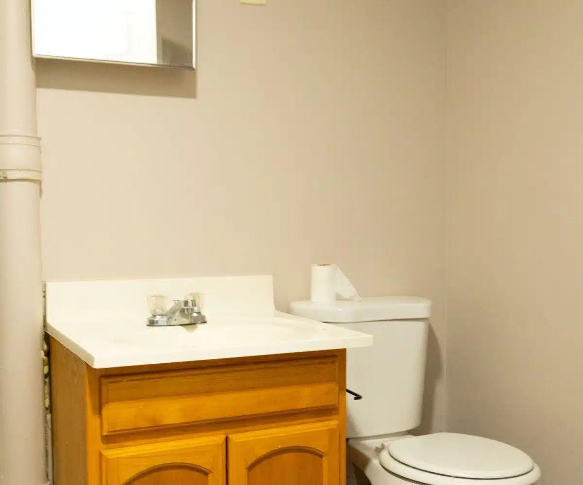 Bathroom with sink and cabinet underneath, white toilet and grey flooring.
