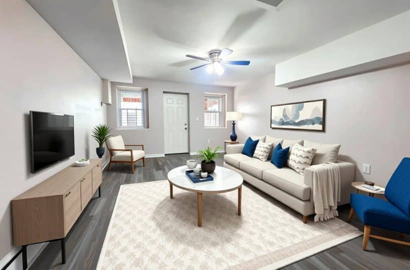 Living room with two windows, beige sofa, coffee table and ceiling fan.
