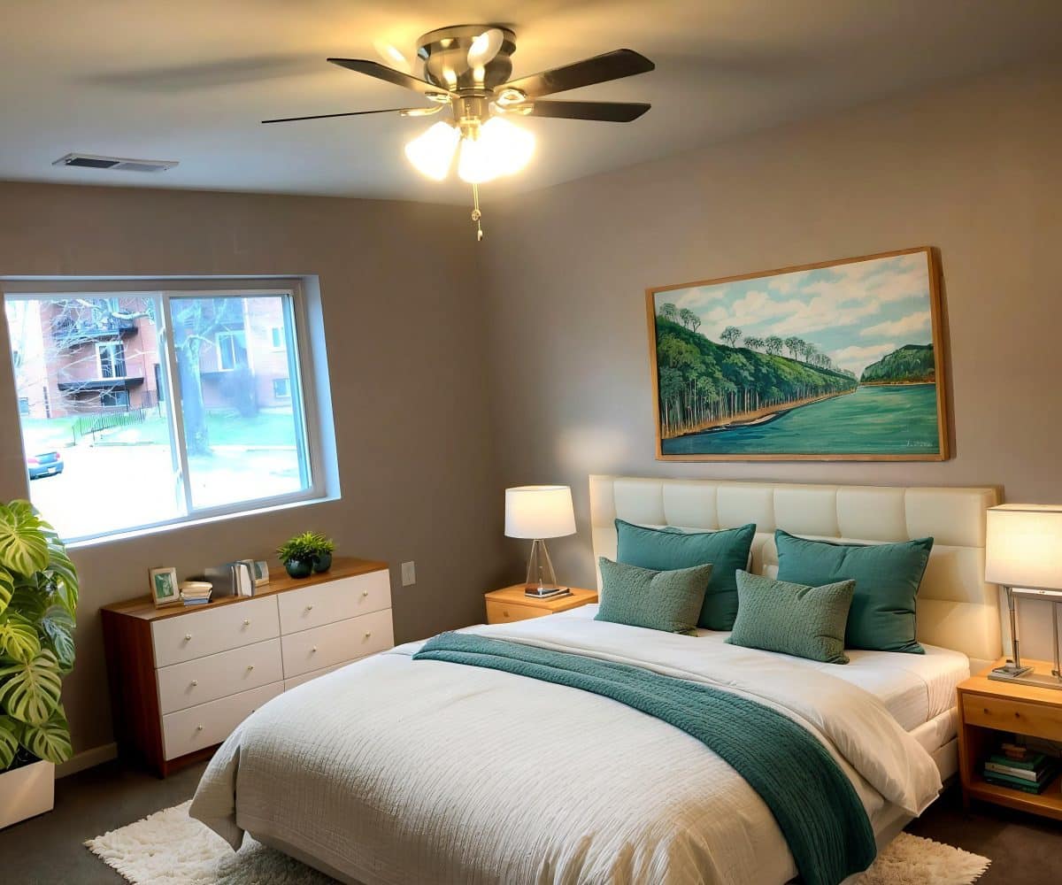 Bedroom with ceiling fan, double bed, green pillows and chest of drawers.