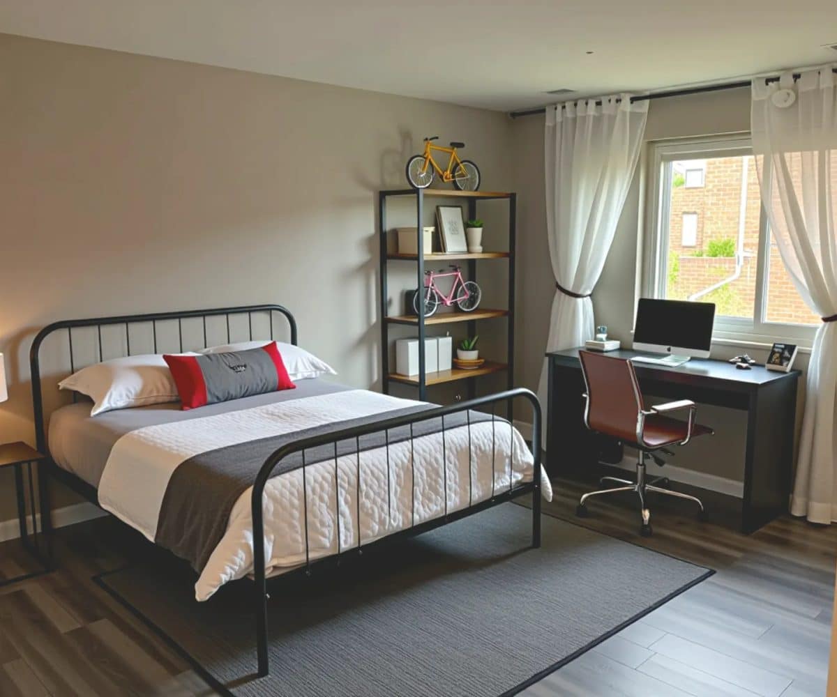 Bedroom with black metal bed, black desk and red chair.