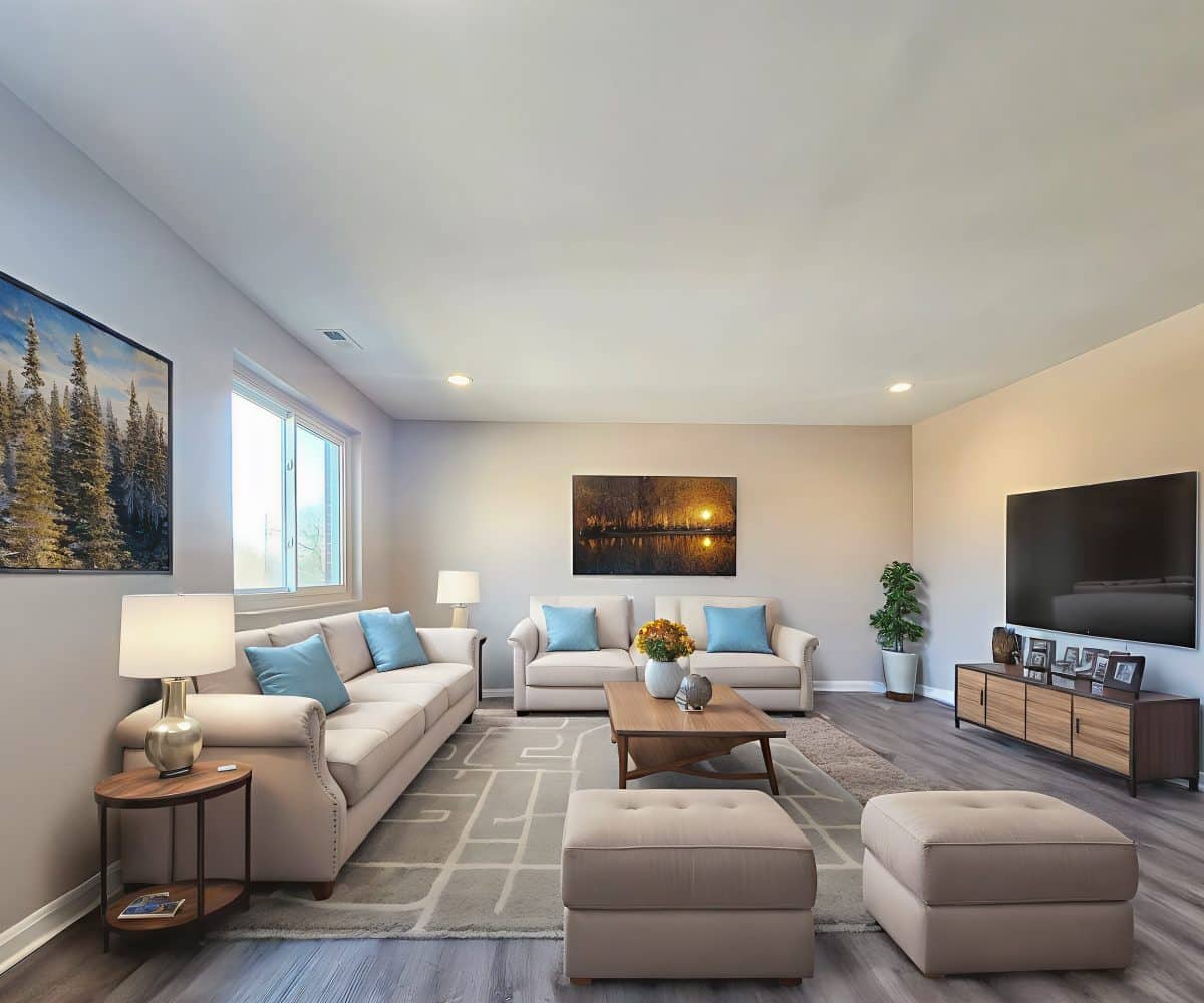 Living room with rug, sofas and flat screen tv.