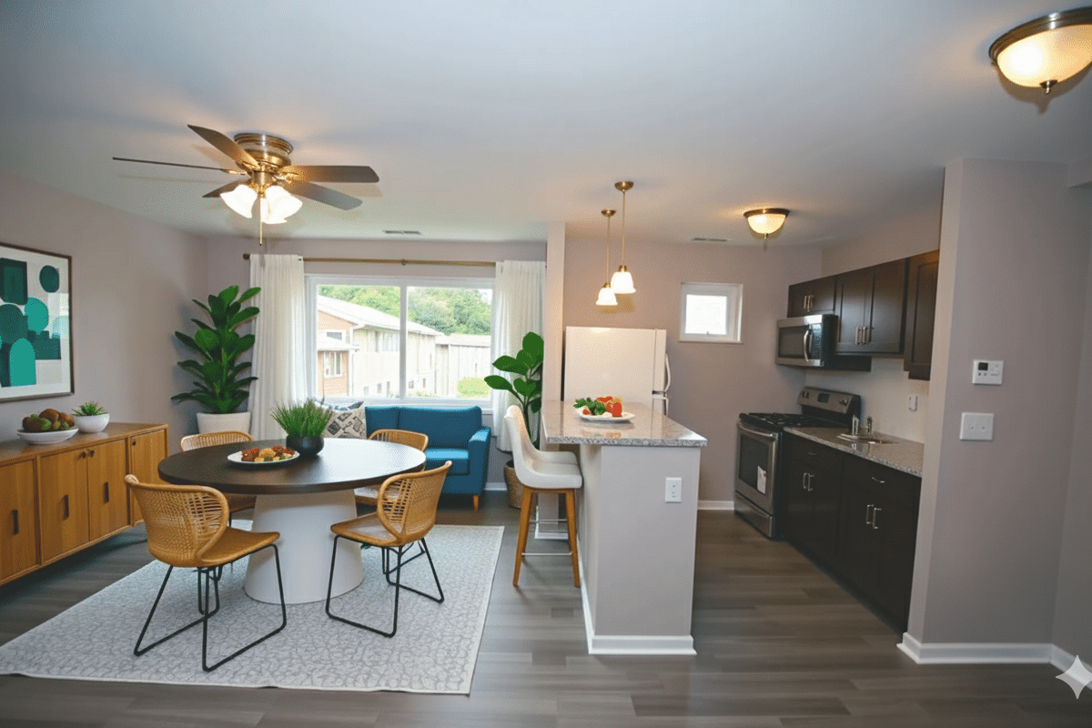 Open plan living room-dining room with table, chairs, sofa and kitchen appliances.