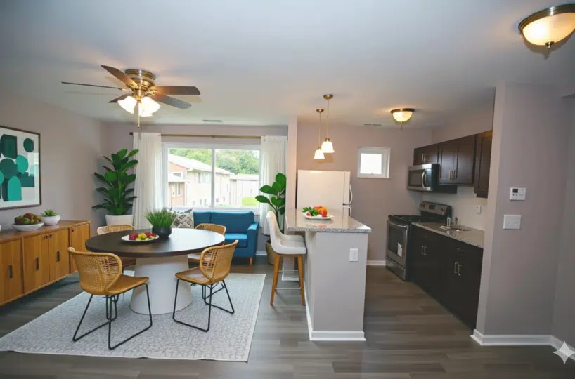 Open plan living room-dining room with table, chairs, sofa and kitchen appliances.