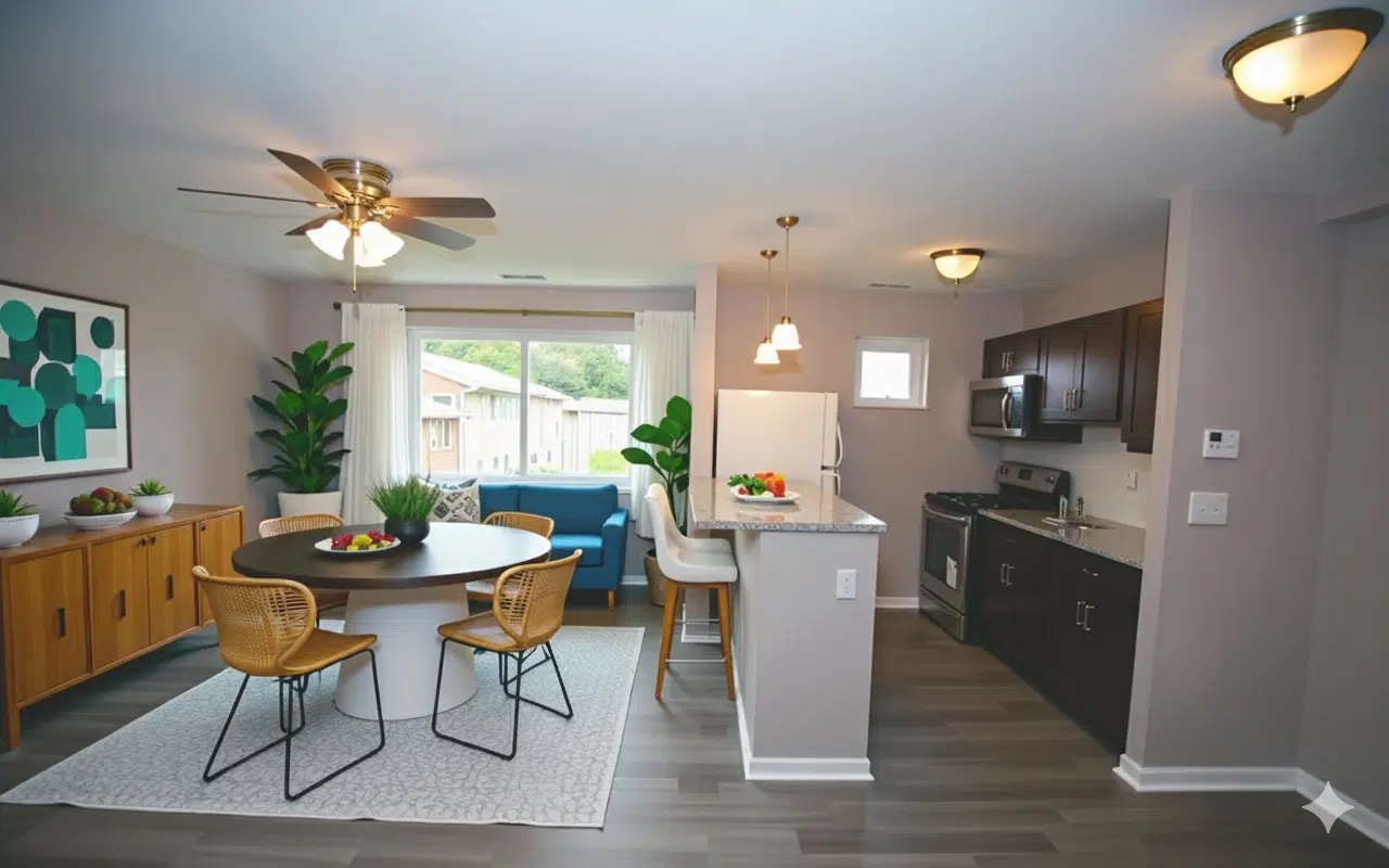 Open plan living room-dining room with table, chairs, sofa and kitchen appliances.