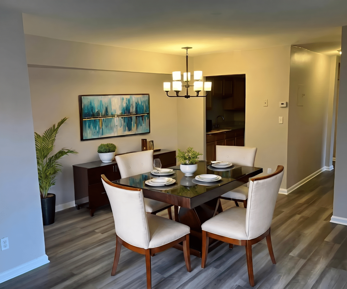 Dining room with table and chairs.