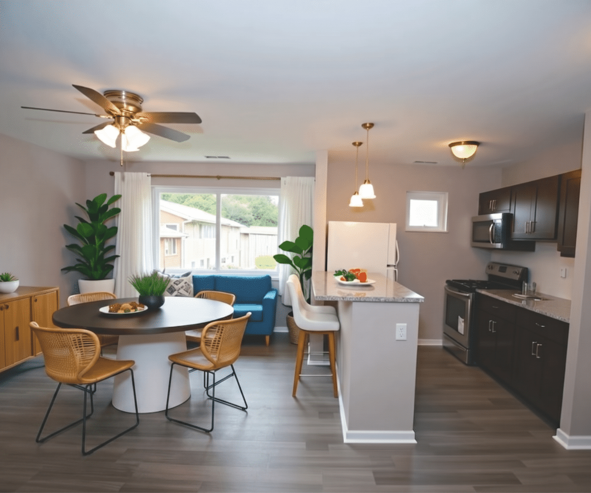 Open plan living room and dining room and kitchen.