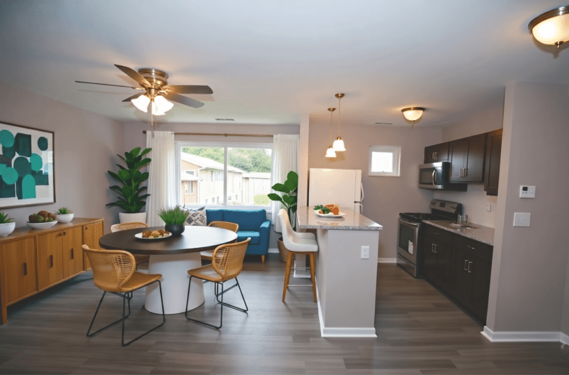 Open plan living room and dining room and kitchen.